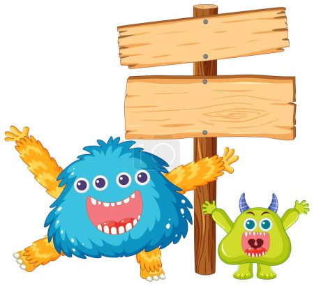 Téléchargez les illustrations : Un groupe de monstres adorables tenant joyeusement une bannière de panneau en bois - en licence libre de droit