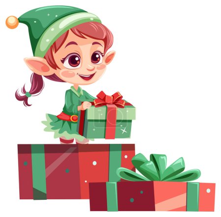 Illustration for A cheerful female elf holds a festive Christmas gift, rendered in a cartoon vector illustration style - Royalty Free Image