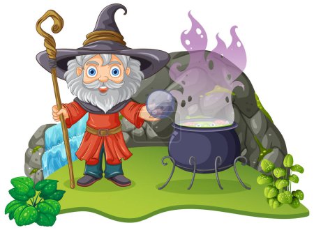 Illustration for Wizard Cartoon Character with Potion Cauldron illustration - Royalty Free Image
