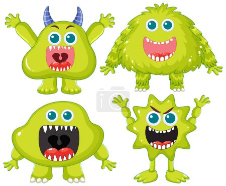 Ilustración de Un conjunto de adorables ilustraciones vectoriales con monstruos alienígenas verdes - Imagen libre de derechos