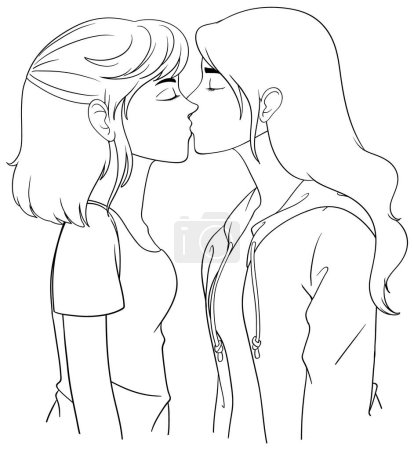 Ilustración de Pareja lesbiana dibujos animados besos esquema garabato ilustración - Imagen libre de derechos