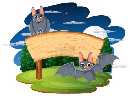 Ilustración de Vector ilustración de dibujos animados de murciélagos en un jardín por la noche - Imagen libre de derechos