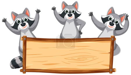 Illustration for Playful raccoon standing behind a wooden board frame, showing curiosity - Royalty Free Image