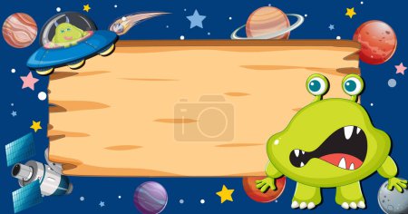 Téléchargez les illustrations : Illustration vectorielle d'un monstre extraterrestre entouré d'une bordure en bois dans l'espace - en licence libre de droit