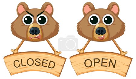 Illustration for A vector cartoon illustration of a bear face on a closed and open sign banner - Royalty Free Image