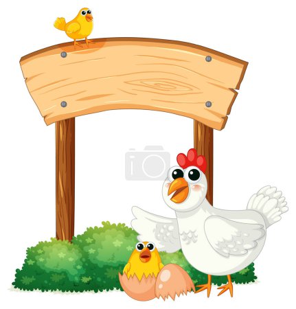 Téléchargez les illustrations : Illustration vectorielle d'une poule et d'un poussin sur une planche de bois - en licence libre de droit