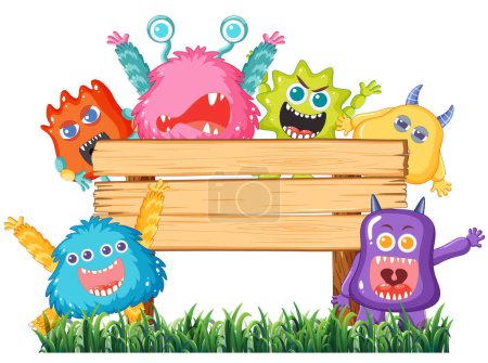 Illustration for Colorful cartoon aliens posing next to a wooden frame board template - Royalty Free Image