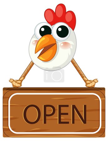 Illustration for A cheerful chicken illustration displayed on an open wooden frame sign banner - Royalty Free Image