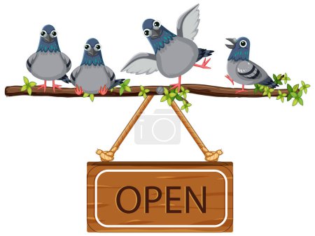 Illustration for Pigeons standing near a wooden open sign on a tree branch - Royalty Free Image