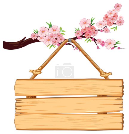 Illustration for Vector illustration of a cherry blossom tree branch with a wooden signboard hanging on it - Royalty Free Image