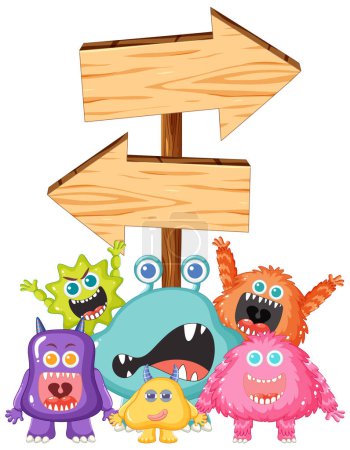 Illustration for A wooden signboard with adorable alien monsters pointing in different directions - Royalty Free Image