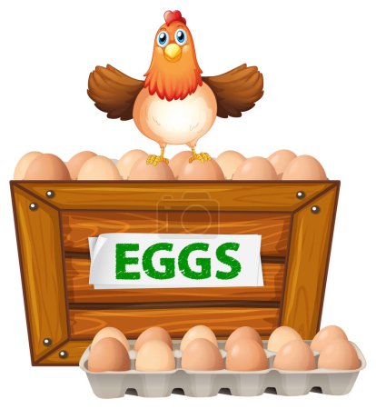Illustration for Vector cartoon illustration of a hen standing on a wooden frame with eggs for sale - Royalty Free Image