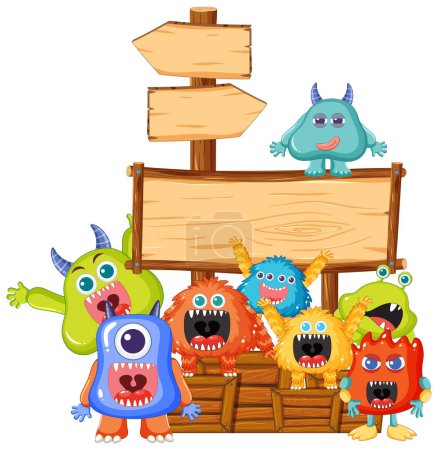 Illustration for A charming vector cartoon illustration of adorable alien monsters on a wooden frame banner - Royalty Free Image