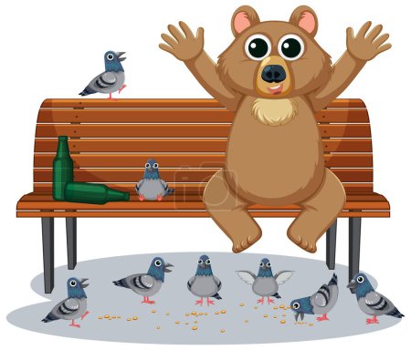 Téléchargez les illustrations : Amical ours aime nourrir les pigeons dans le parc - en licence libre de droit