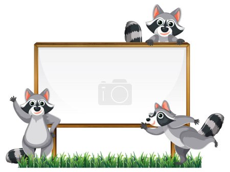 Illustration for Vector cartoon illustration of raccoons gathered around a wooden frame - Royalty Free Image