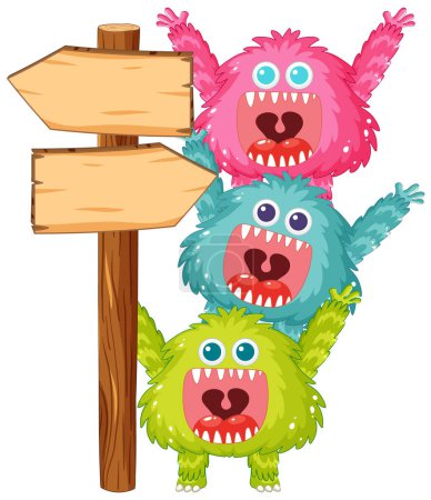 Téléchargez les illustrations : Illustration vectorielle de monstres adorables avec un signe en bois - en licence libre de droit