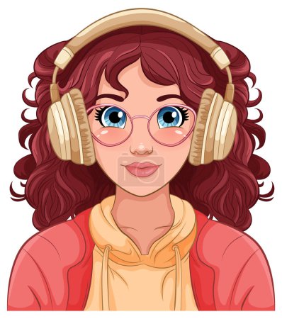 Illustration for Woman portrait wearing headset listening to music illustration - Royalty Free Image