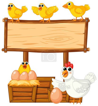 Illustration for Vector cartoon illustration of a hen and chick on a wooden frame banner - Royalty Free Image