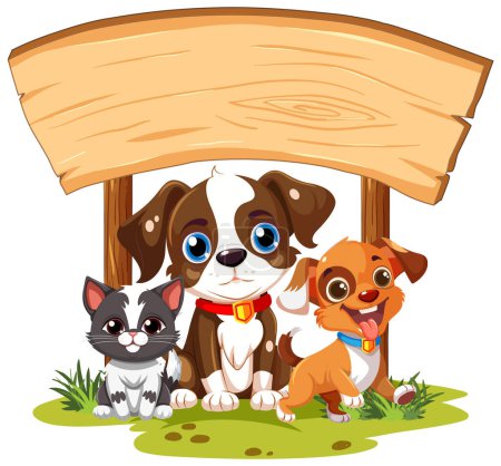 Téléchargez les illustrations : Illustration vectorielle de dessins animés d'animaux se tenant sous une bannière en bois - en licence libre de droit