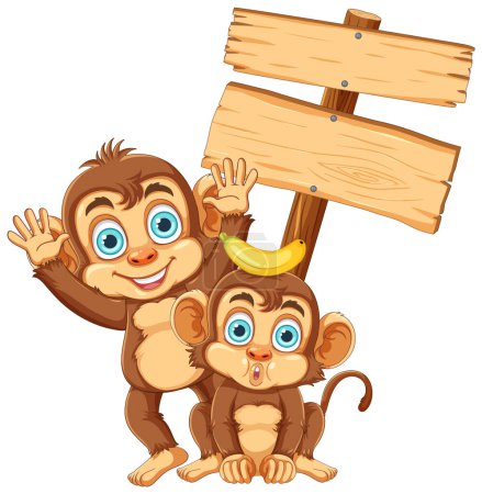 Ilustración de Ilustración de un mono travieso sosteniendo un cartel de madera - Imagen libre de derechos