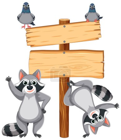 Illustration for Vector cartoon illustration of raccoon and pigeons standing by directional wooden sign - Royalty Free Image