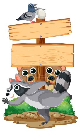 Illustration for A delightful cartoon illustration of a bear, raccoon, and pigeon in nature - Royalty Free Image