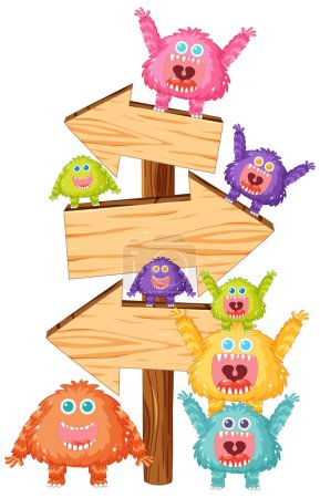 Ilustración de Dibujos animados vectoriales ilustración de criaturas extraterrestres adorables en un marco de letrero de madera - Imagen libre de derechos