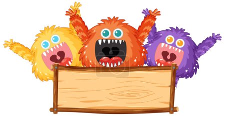 Illustration for Vector cartoon illustration of adorable alien monsters standing behind a wooden frame - Royalty Free Image