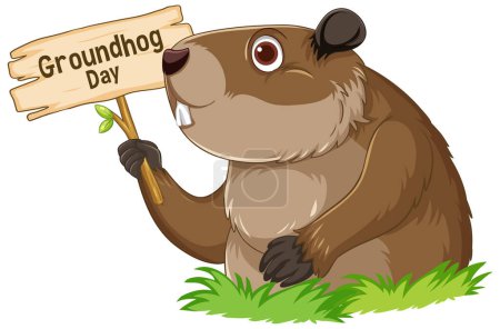 Illustration for A cute groundhog cartoon holding a Groundhog Day banner - Royalty Free Image