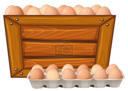 Téléchargez les illustrations : Illustration vectorielle de dessins animés d'œufs avec cadre en bois à vendre - en licence libre de droit