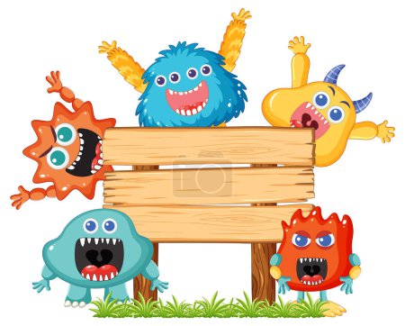Illustration for Vector cartoon illustration of adorable extraterrestrial creatures on a wooden sign frame - Royalty Free Image
