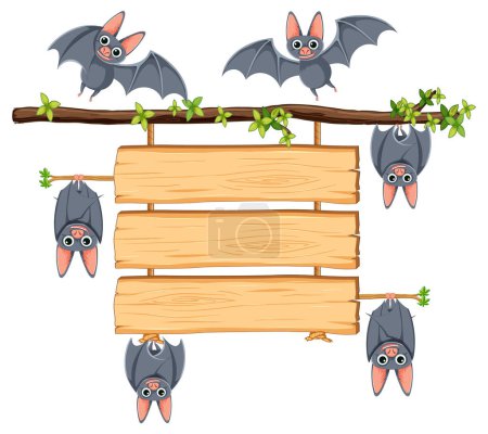 Téléchargez les illustrations : Illustration vectorielle de chauves-souris accrochées à un panneau en bois - en licence libre de droit