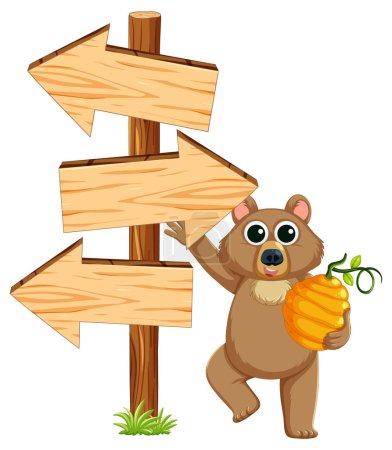 Illustration for Vector cartoon illustration of a bear holding honey next to a wooden sign with a direction arrow - Royalty Free Image