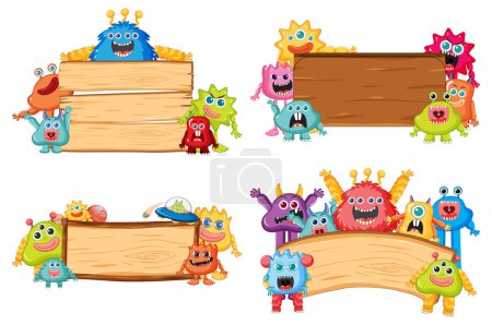 Illustration for A set of adorable alien monsters standing beside a wooden frame board template banner - Royalty Free Image