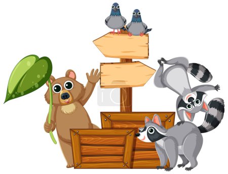 Illustration for Adorable raccoon, bear, and pigeons stand near a directional banner - Royalty Free Image