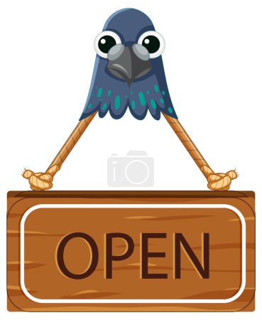 Illustration for A whimsical open sign banner featuring a pigeon face in a vector cartoon style - Royalty Free Image