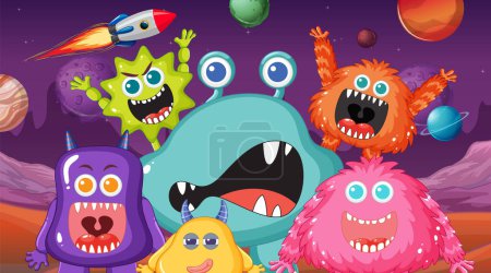 Ilustración de Un grupo de adorables monstruos alienígenas divirtiéndose en el espacio exterior - Imagen libre de derechos