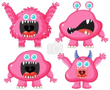 Ilustración de Un conjunto de adorables ilustraciones vectoriales con monstruos alienígenas rosados - Imagen libre de derechos