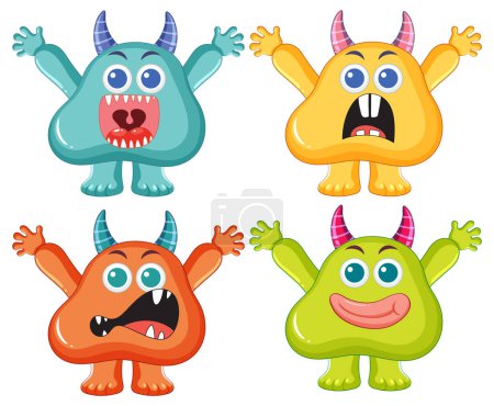 Téléchargez les illustrations : Une collection de monstres extraterrestres adorables en différentes couleurs vibrantes - en licence libre de droit