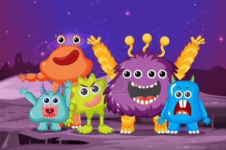 Ilustración de Un grupo de adorables monstruos alienígenas en varios colores sobre un fondo espacial - Imagen libre de derechos