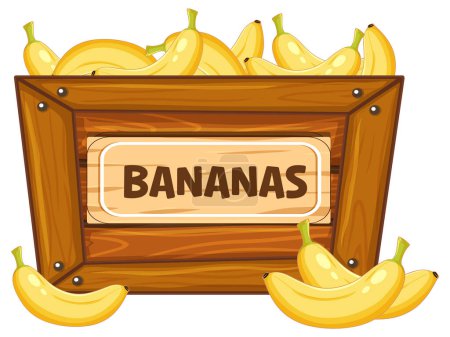 Illustration for Colorful cartoon illustration of bananas in a wooden box with a banner - Royalty Free Image