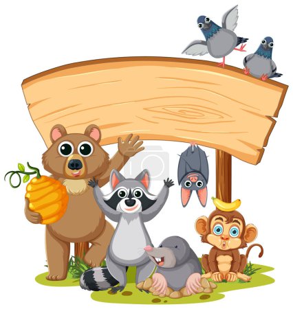 Téléchargez les illustrations : Illustration vectorielle de dessin animé d'animaux rassemblés sous une bannière de cadre d'enseigne en bois - en licence libre de droit