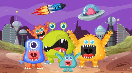 Ilustración de Un grupo de adorables personajes de dibujos animados monstruos alienígenas que se divierten en el espacio exterior - Imagen libre de derechos