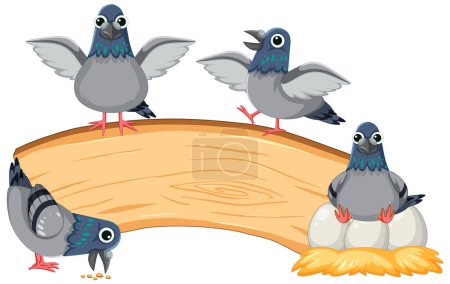 Illustration for Vector cartoon illustration of pigeons laying eggs and standing around a wooden board - Royalty Free Image