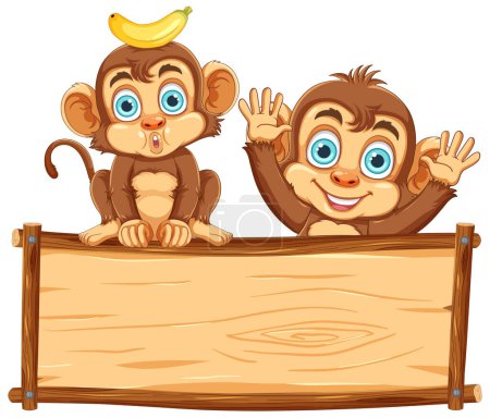 Illustration for A playful monkey hiding behind a wooden frame in a cartoon-style illustration - Royalty Free Image