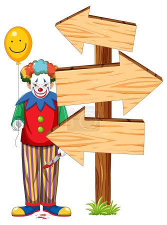 Téléchargez les illustrations : Un clown effrayant avec un ballon se tient à côté d'un panneau directionnel en bois - en licence libre de droit