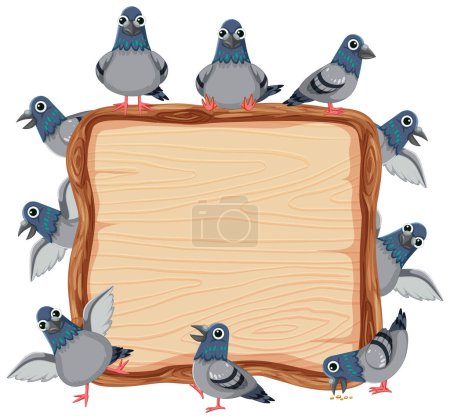 Téléchargez les illustrations : Illustration vectorielle de pigeons debout près d'une planche de bois - en licence libre de droit