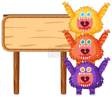 Ilustración de Un grupo de monstruos adorables sosteniendo felizmente una pancarta de letrero de madera - Imagen libre de derechos