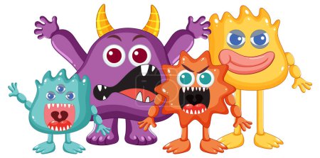 Ilustración de Un grupo de lindos amigos monstruos alienígenas en diferentes colores - Imagen libre de derechos