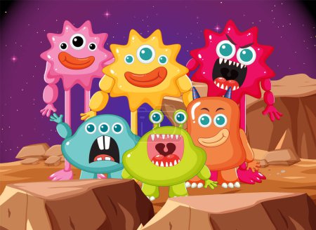 Illustration for Colorful cartoon characters of adorable alien monsters against a space background - Royalty Free Image